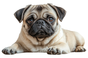 Pug dog resting with a curious expression in a cozy setting png