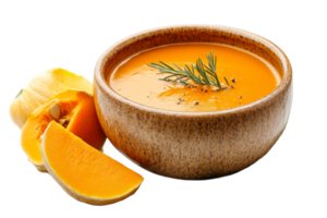 Creamy pumpkin soup served in a rustic bowl png