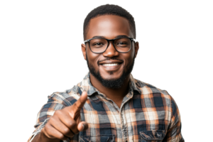 Man with glasses smiling and pointing forward png