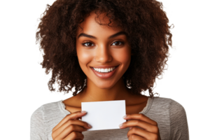 Smiling woman holding a blank card with open expression png