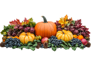 Autumn harvest display with pumpkins and colorful foliage png