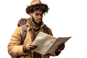 Man exploring a map in a warm outfit with a backpack png
