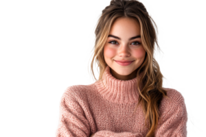 Girl smiling in cozy sweater with transparent background png