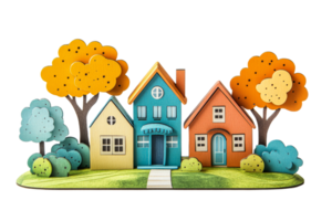 Colorful wooden houses with trees on clear background png