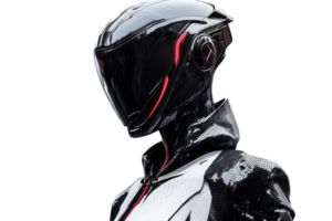 Futuristic robot figure stands with sleek armor and visor png