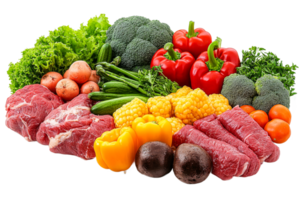 Fresh vegetables and meats arranged for meal preparation png