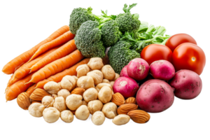 Fresh vegetables and nuts arranged on a table png