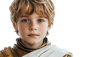 Young boy in detailed knight armor with a solemn expression png