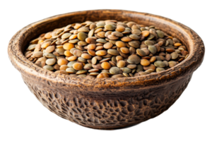 Lentils in a rustic bowl with transparent background png