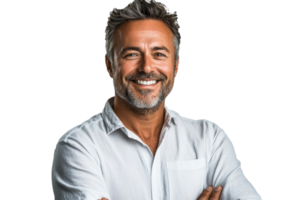 Smiling man with gray hair in casual attire png