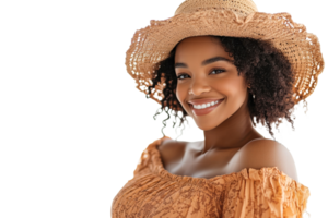 Smiling woman with curls in a hat on clear bg png