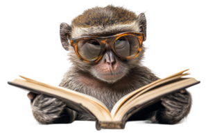 Monkey in glasses reading a book on transparent BG png