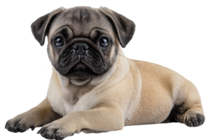 Cute pug puppy resting comfortably on a surface png