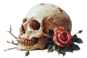 Skull with a rose and branches on a transparent background png