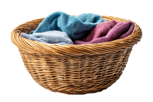 Basket filled with colorful towels on transparent background png