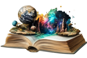 Creative book representing a journey through space and time png