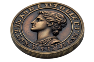 Detailed view of a vintage bronze coin with portrait png