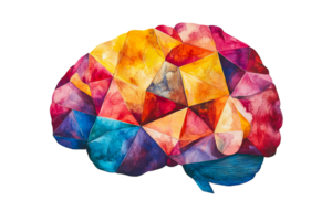 Vibrant geometric design of a brain with colorful facets png