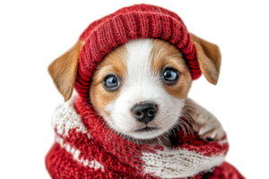 Cute puppy wearing a red knitted hat and scarf png