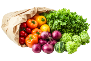 Fresh vegetables packed in a brown paper bag on display png