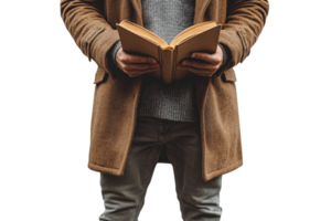 Man reading a book while wearing a cozy coat png