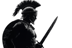Warrior silhouette with sword, transparent bg png