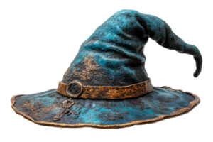 Unique blue wizard hat with weathered details and strap png