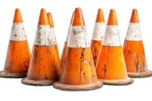 Traffic cones arranged in a circle with worn surfaces png