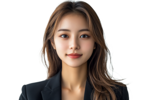 Confident woman with long hair in professional attire png