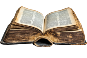 Open old book with worn pages resting on a flat surface png