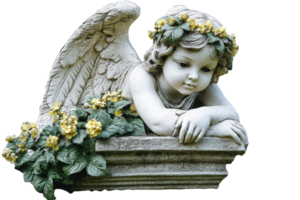 Angel statue with flowers resting on a stone ledge png