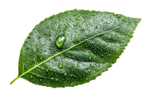 Fresh green leaf covered in droplets of water png
