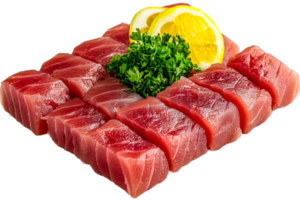 Freshly sliced tuna with lemon and parsley garnish png