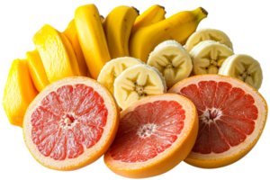 Fresh fruit display featuring bananas and grapefruit slices png