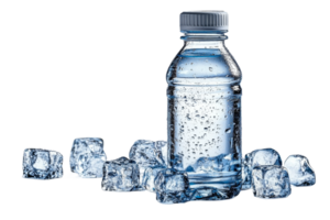 Clear water bottle surrounded by ice cubes on display png