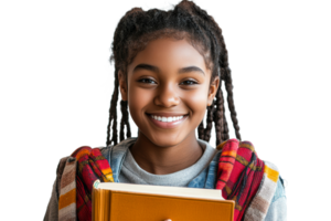 Smiling girl holding a book with a colorful scarf png