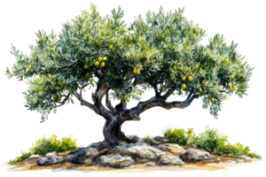 Olive tree with fruit growing on rocky ground png