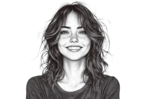 Portrait of a smiling woman with tousled hair and freckles png