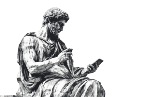 Ancient philosopher using modern smartphone technology png