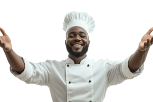 Chef welcoming guests with a warm smile and open arms png