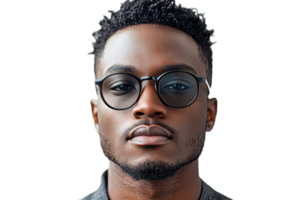 Young man with glasses poses confidently with a serious look png