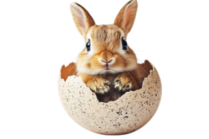 Cute rabbit emerging from broken eggshell in spring png