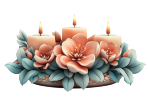 Elegant floral candle arrangement with soft blooms png