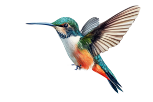 Colorful hummingbird in flight with transparent background png