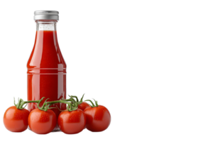 Fresh tomatoes and bottle of red condiment on display png
