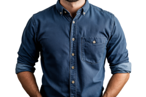 Man wearing blue button up shirt with transparent background png