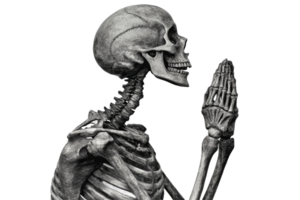 Skeleton in a praying position with transparent background png