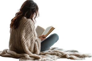 Enjoying a book while wrapped in a cozy blanket png