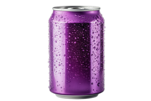 Bright purple soda can with condensation on surface png