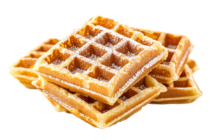Delicious golden waffles with powdered sugar topping png
